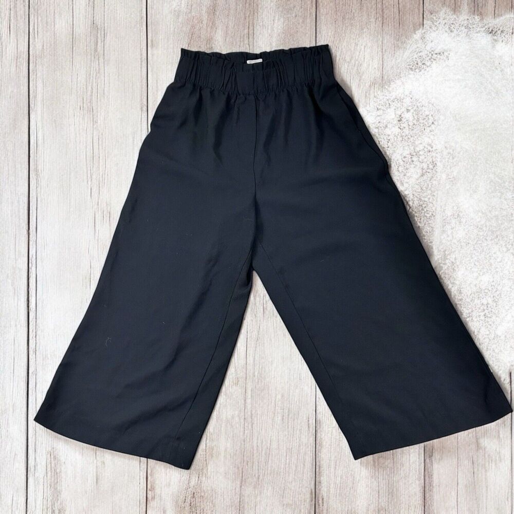 Women's H&M Black Wide Leg Ankle Pants Sz 10 Ruched Elastic Waist Career Pockets